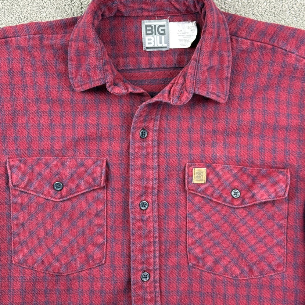 Big Bill Flannel Shirt Mens M Red Plaid Long Sleeve Cotton Workwear Outdoor 90s